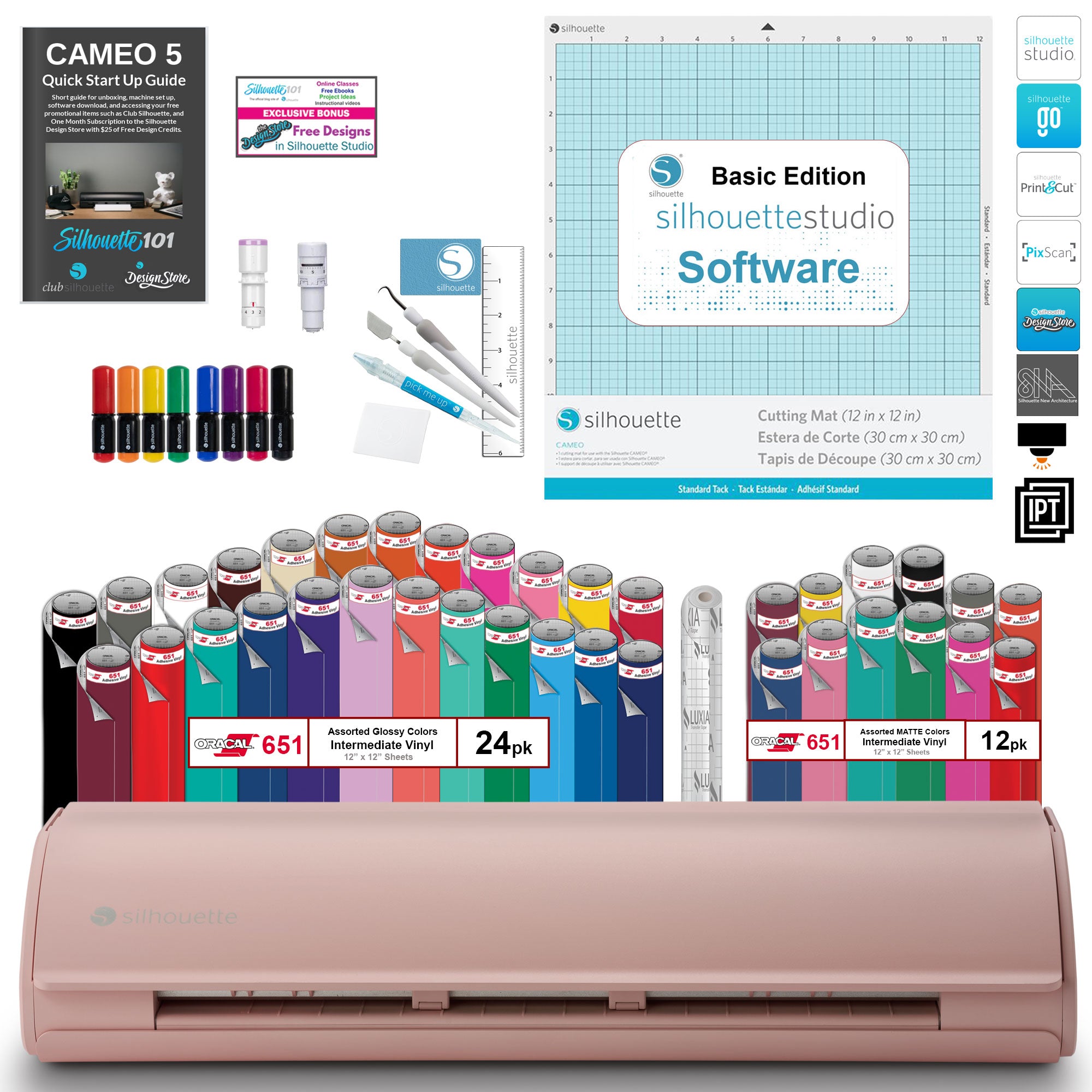 Silhouette America Vinyl Cutters Silhouette Cameo 5 Vinyl Bundle- 36 Sheets Of Vinyl, Vinyl Tool Kit, Premium Blade, Pens, and Cameo 5 Start Up Guide With Bonus Designs- Pink Edition