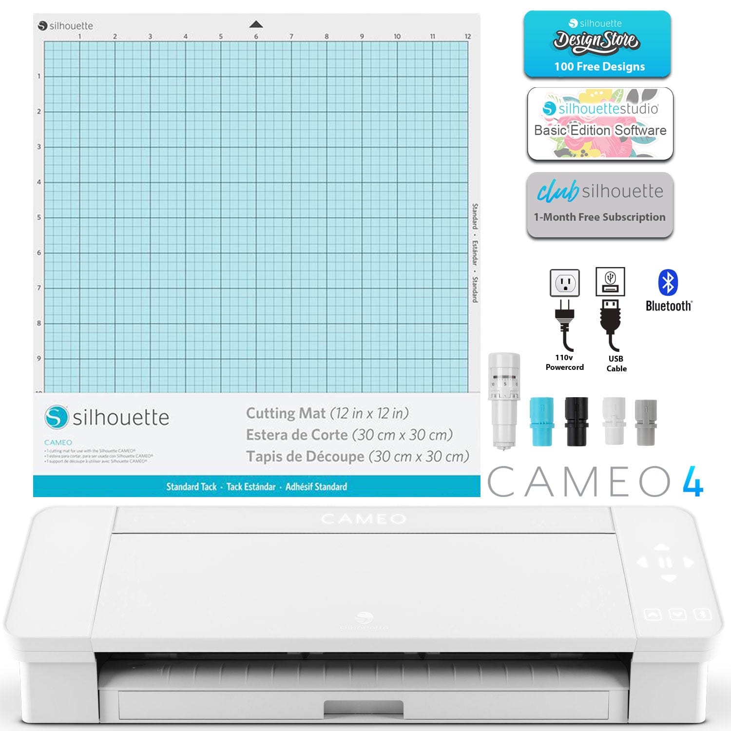 Silhouette Cameo 4 with Bluetooth, 12x12 Cutting Mat, Autoblade 2, 100  Designs and Silhouette Studio Software - White Edition