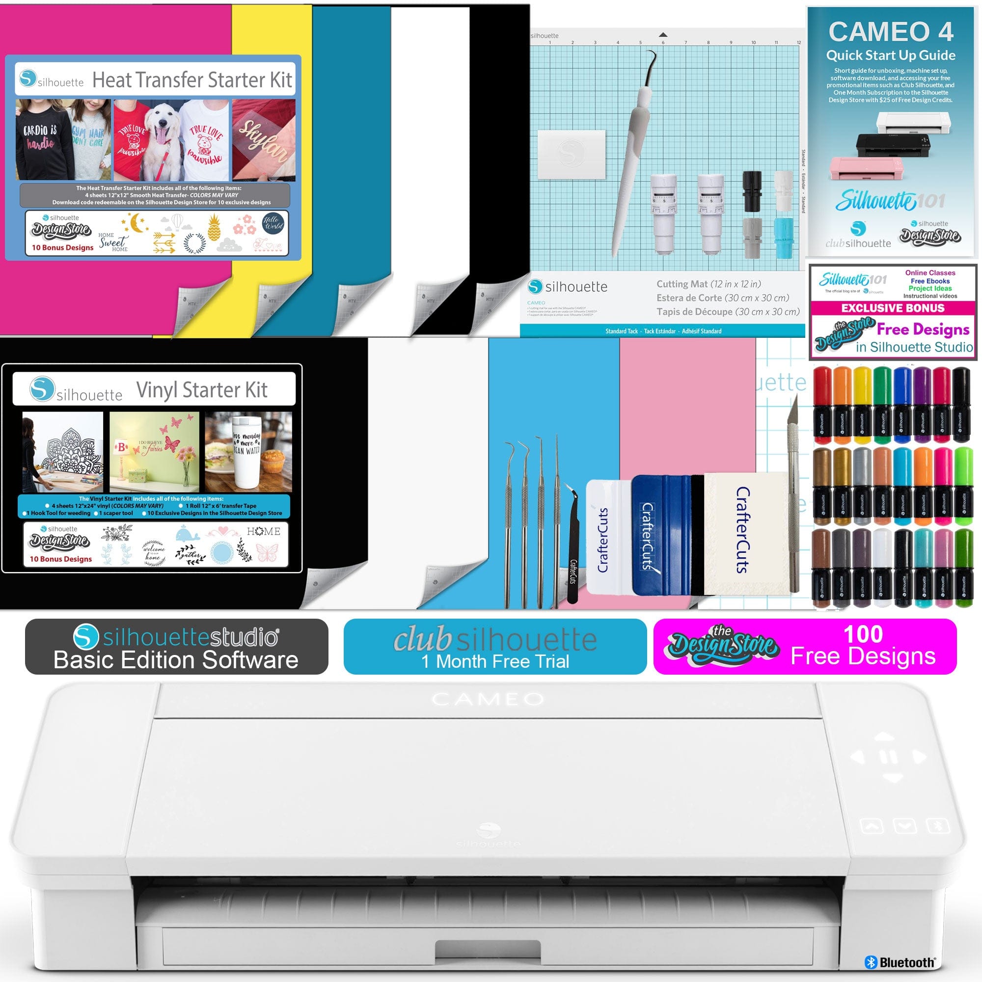 Silhouette Cameo 4 Plus Bundle with 24 Vinyl Sheets, 12 HTV Sheets, 1mm  Blade, Transfer Tape, Deluxe Vinyl Tool Kit, Start Up Guide, and Bonus  Designs