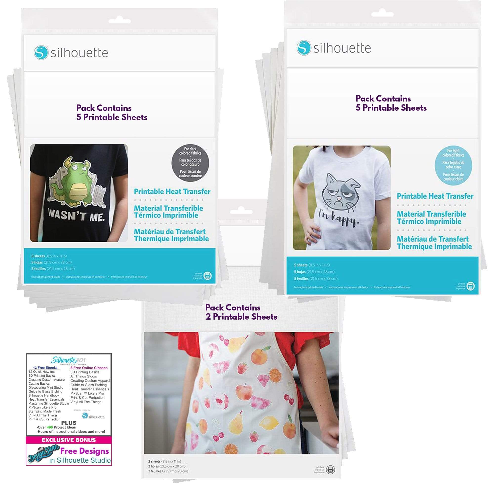 Silhouette America Heat Transfer Materials Silhouette Heat Transfer Printable Bundle- Includes 12 Sheets of Printable Vinyl (5 for Light Material, 5 for Dark material, 2 Fabric sheets) , and Intro to Silhouette 101 with Free Designs