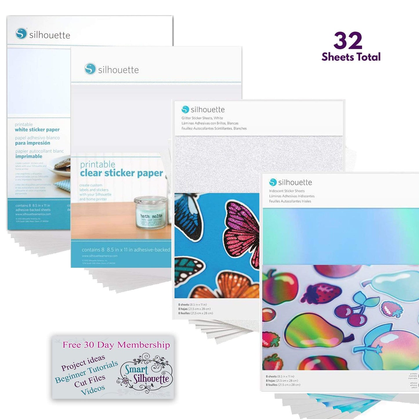 Silhouette America Stickers Silhouette Stickered Out Bundle- 32 Sheets of Assorted Sticker Vinyl with a 30 Day trial to Smart-Silhouette