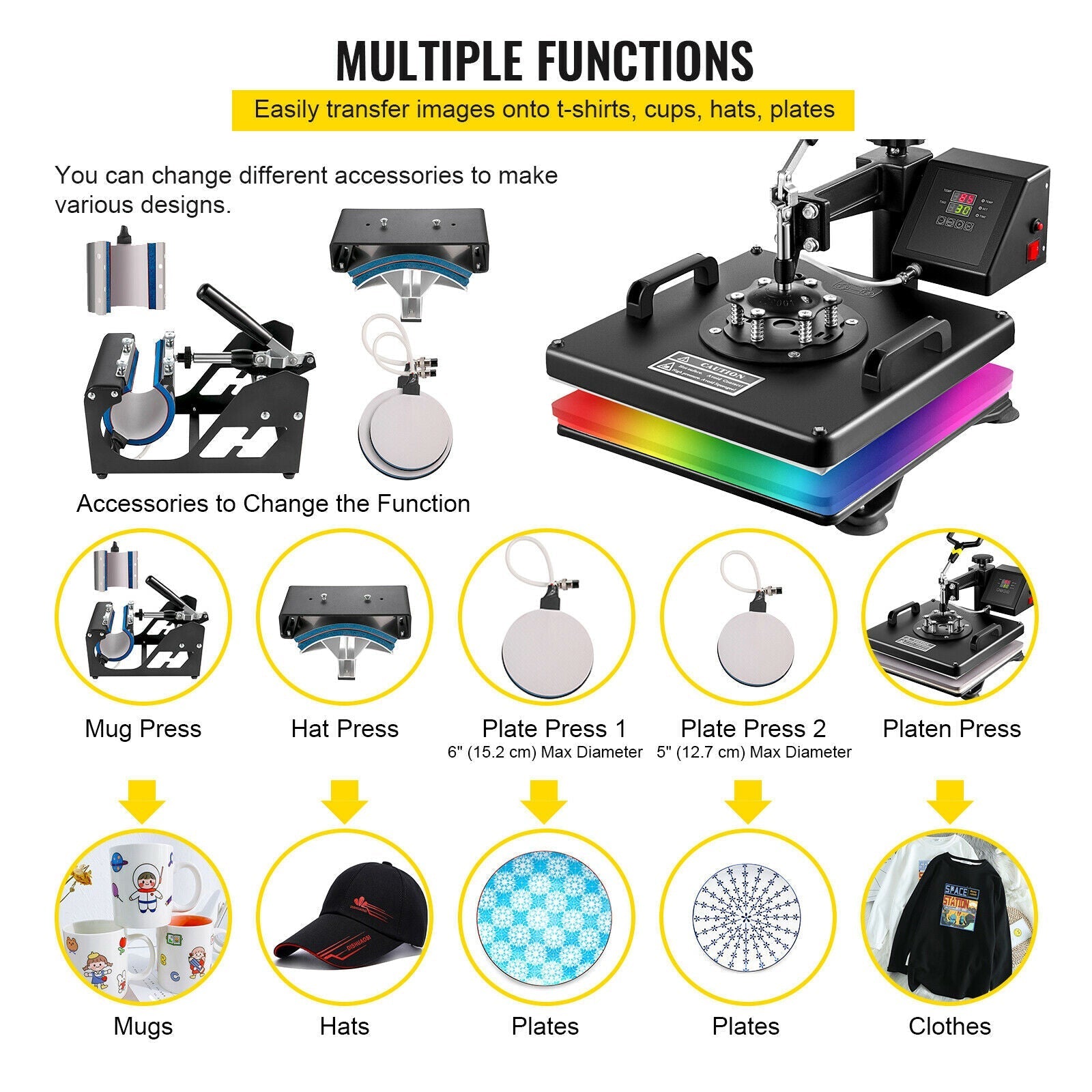 craftercuts 6 in 1 15 x 15 inch / United States VEVOR Combo Heat Press Machine 5/6/8 in 1 30*38CM 38*38CM Muntifunctional Sublimation Printer Transfer for Mug Hat Plate T-Shirt