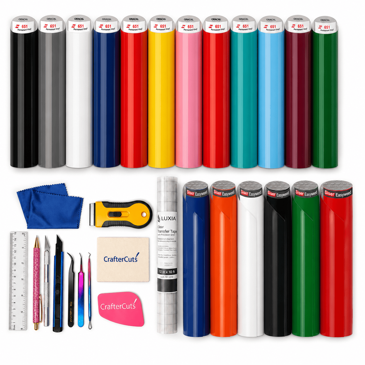 CrafterCuts+Oracal Vinyls Pink CrafterCuts Vinyl Crafting Starter Kit – 24 Oracal 651 Permanent Vinyl Sheets (12 Glossy & 12 Matte) with Professional Weeding Tool Kit for Cricut, Silhouette, Brother ScanNCut & DIY Crafts