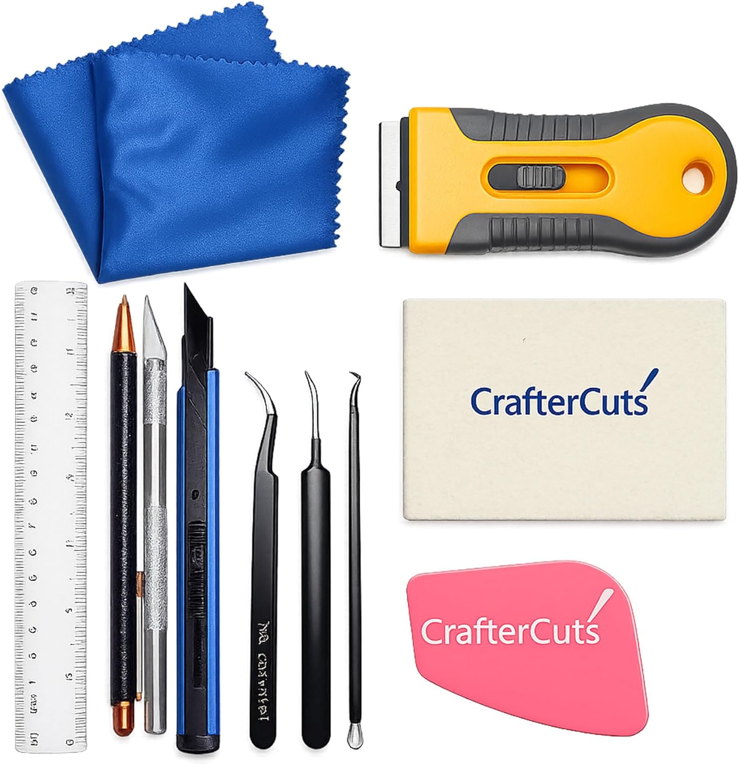 CrafterCuts Tools Black CrafterCuts Vinyl Weeding Tool Kit – Ultimate 10-Piece Precision Craft Tools Set for Cricut, Silhouette, Siser & HTV, Includes Felt Squeegee, Scraper, Precision Knife, Tweezers, Pick Tools, Ruler & Cleaning Cloth (Pink)
