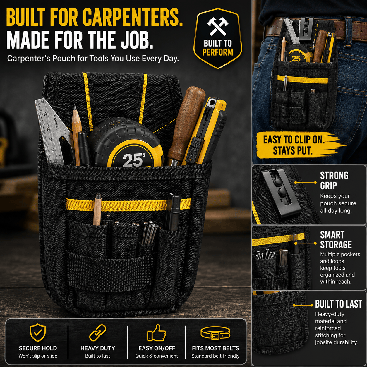 CrafterCuts Tools CrafterCuts Tool Belt Pouch with Heavy-Duty Belt Clip – Electrician Tool Pouch, Vinyl Installer Tool Pouch, Carpenter Tool Pouch, Tape Measure Holder, Utility Knife Holder, Contractor Work Belt Organizer