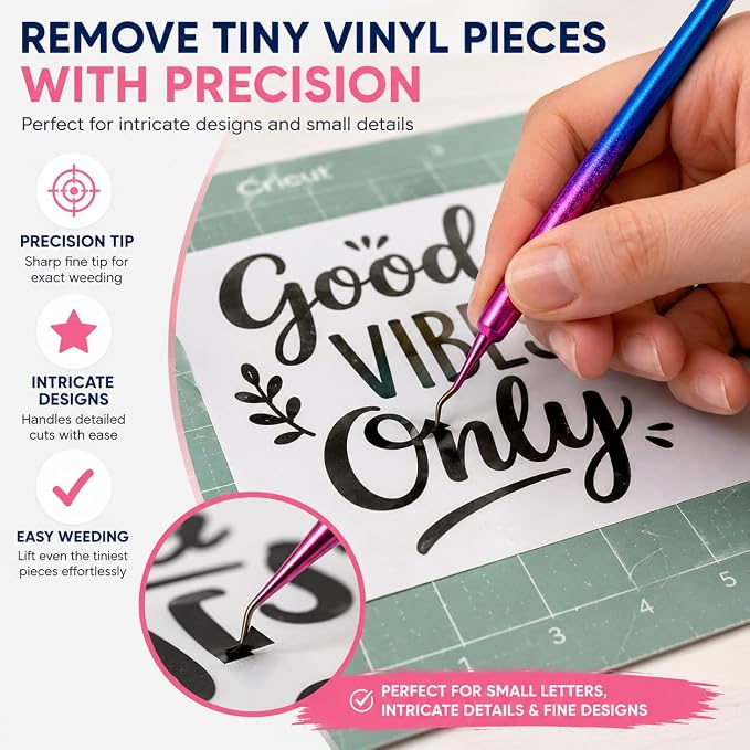 CrafterCuts Ultimate 10-Piece Vinyl Weeding Tool Kit for Cricut & Silhouette – Precision Craft Tools Set with Felt Squeegee, Scraper, Precision Knife, Tweezers, Pick Tools, Ruler & Cloth (Pink)