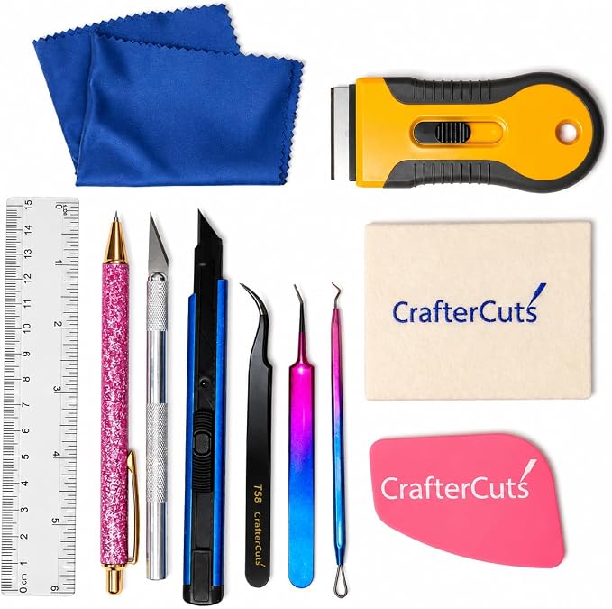 CrafterCuts Ultimate 10-Piece Vinyl Weeding Tool Kit for Cricut & Silhouette – Precision Craft Tools Set with Felt Squeegee, Scraper, Precision Knife, Tweezers, Pick Tools, Ruler & Cloth (Pink)