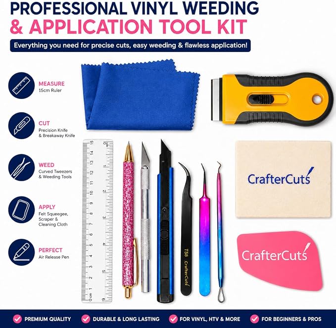 CrafterCuts Ultimate 10-Piece Vinyl Weeding Tool Kit for Cricut & Silhouette – Precision Craft Tools Set with Felt Squeegee, Scraper, Precision Knife, Tweezers, Pick Tools, Ruler & Cloth (Pink)