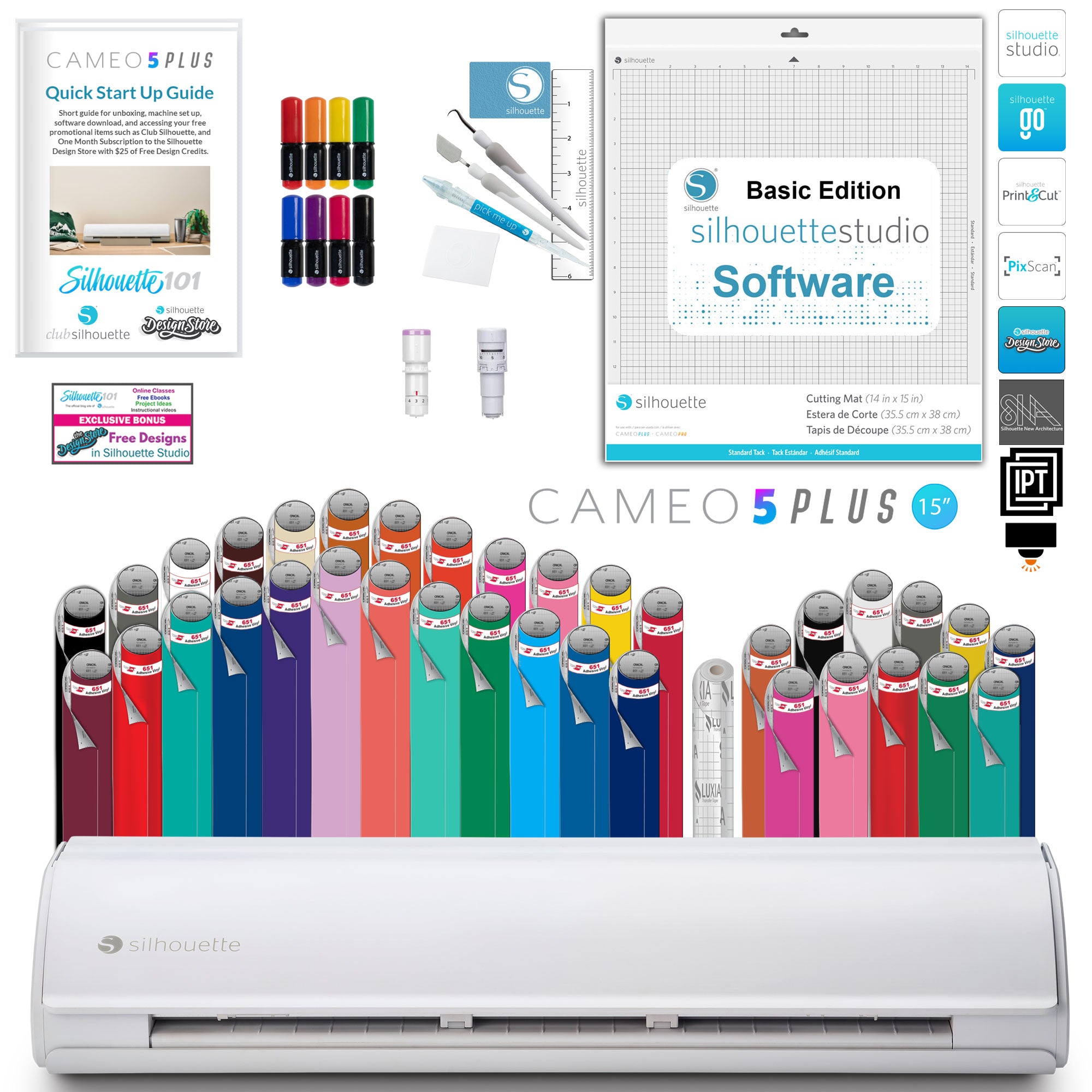 Silhouette America Vinyl Cutters Silhouette Cameo 5 Vinyl Bundle- 36 Sheets Of Vinyl, Tool Kit, Premium Blade, Pens, and Cameo 5 Start Up Guide With Bonus Designs- PLUS Edition