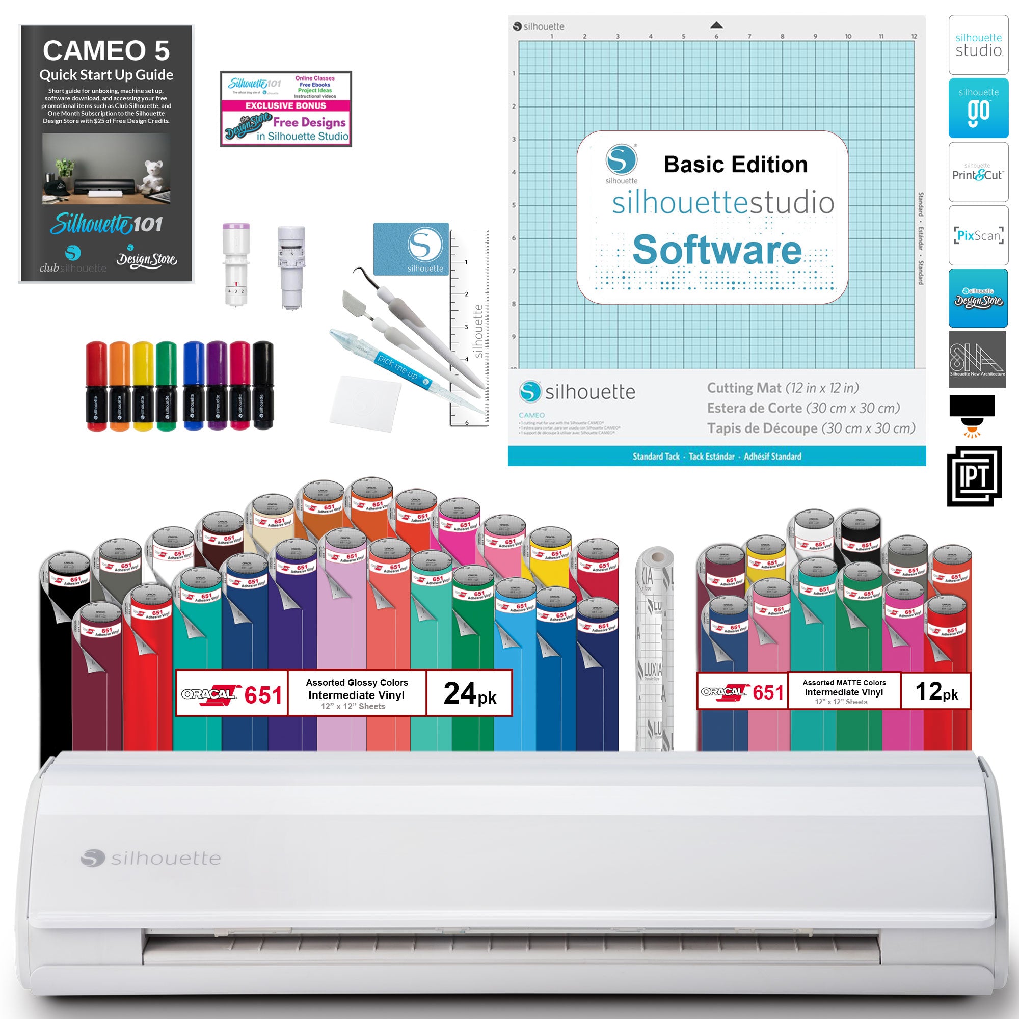 Silhouette America Vinyl Cutters Silhouette Cameo 5 Vinyl Bundle- 36 Sheets Of Vinyl, Vinyl Tool Kit, Premium Blade, Pens, and Cameo 5 Start Up Guide With Bonus Designs- White Edition