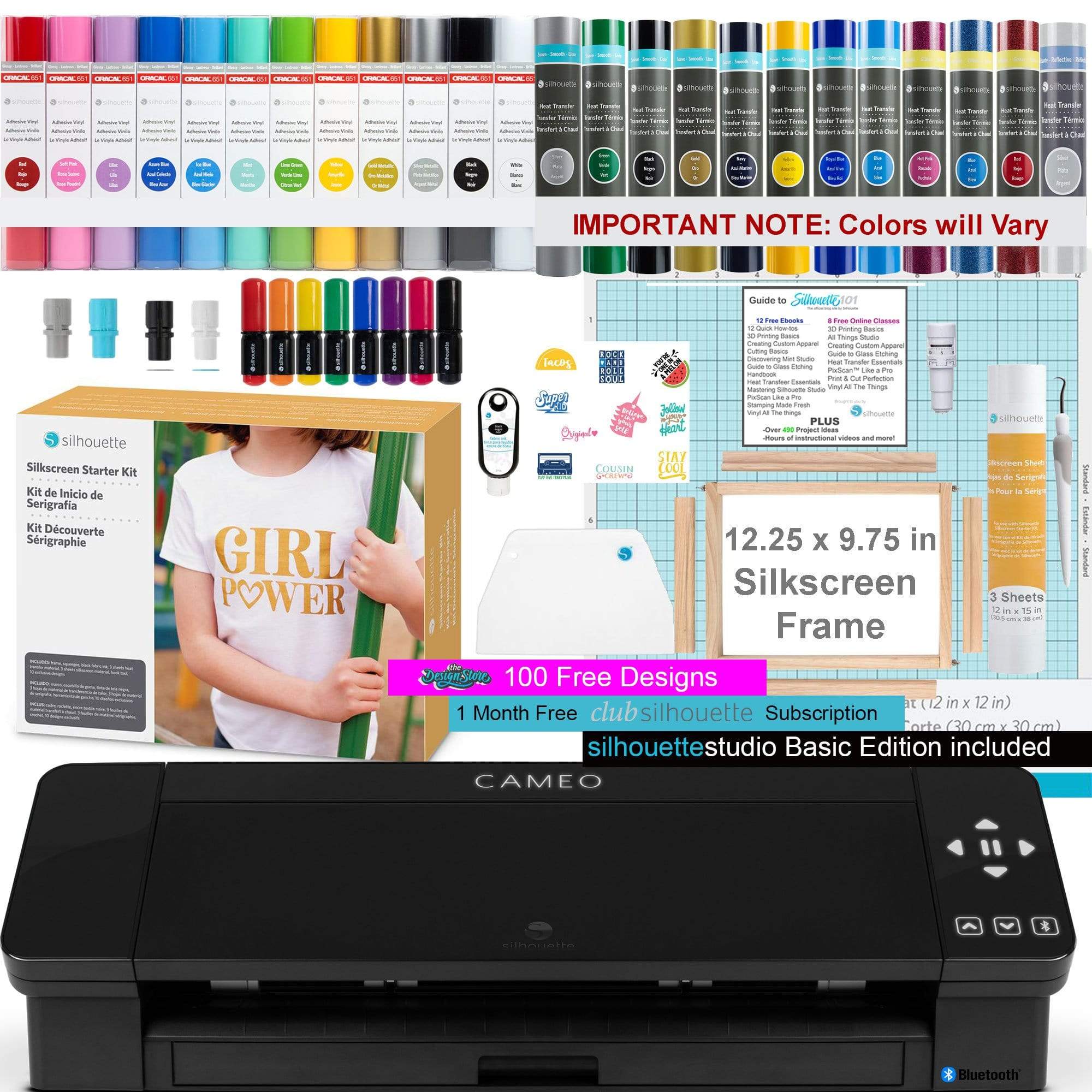 craftercuts Silhouette Cameo 4 SilkScreen and Vinyl Bundle with SilkScreen Starter Set, 12 Pack of HTV, 12 Pack of Vinyl, and Pen Starter Kit- Black Edition