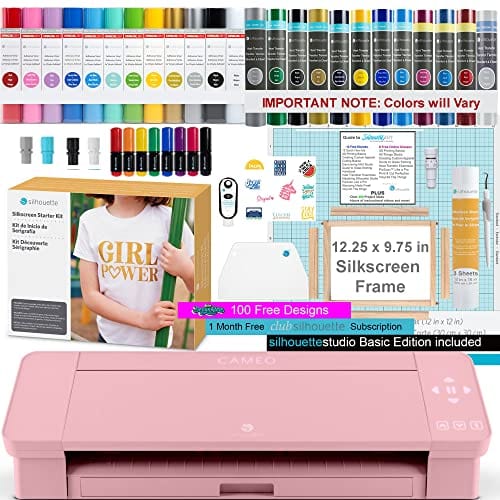 craftercuts Silhouette Cameo 4 Silkscreen and Vinyl Bundle with Silkscreen Starter Set, 12 Pack of HTV, 12 Pack of Vinyl, and Pen Starter Kit- Pink Edition