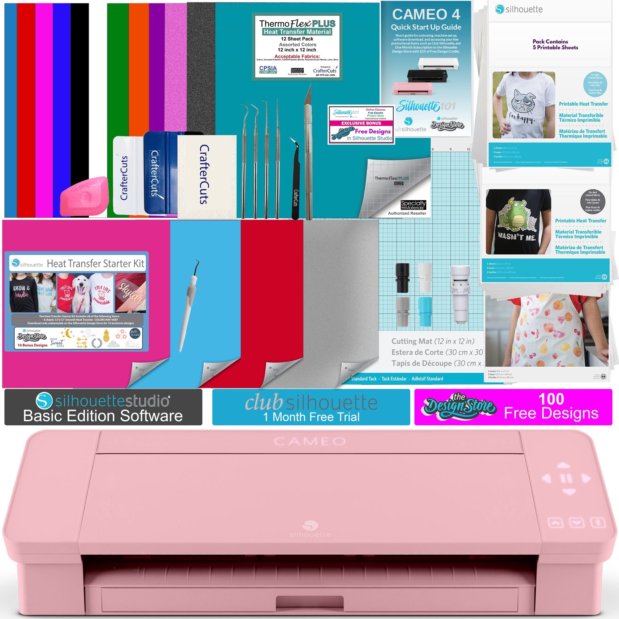 craftercuts Silhouette Cameo 4 T-Shirt Making Bundle- Includes 28 total Sheets of Heat Transfer Vinyl, Deluxe Vinyl Tool Kit, Startup Guide, and Bonus Design-Pink Edition