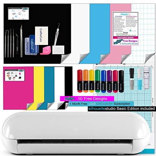 craftercuts Silhouette Portrait 3 Bundle with Silhouette Vinyl Starter Kit, Silhouette Heat Transfer Starter Kit, Basic Starter Pack of Pens, CrafterCuts Deluxe Tool Kit, and Access to Ebooks, Tutorials, Classes.
