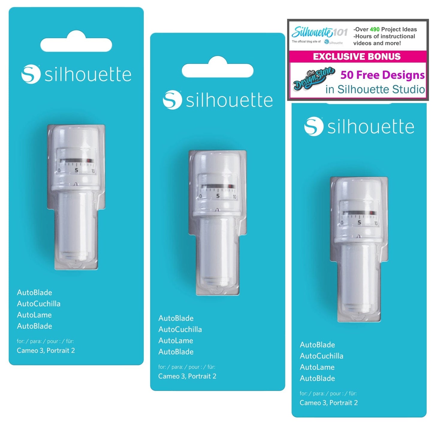 Silhouette America Blades & Cutting Mats Silhouette Autoblade 3 Pack Replacement Blades for Cameo 3 and Portrait 2- with 30 Day Subscription to Smart-Silhouette
