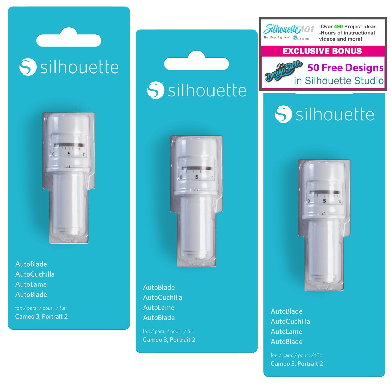 Silhouette America Blades & Cutting Mats Silhouette Autoblade 3 Pack Replacement Blades for Cameo 3 and Portrait 2- with 30 Day Subscription to Smart-Silhouette