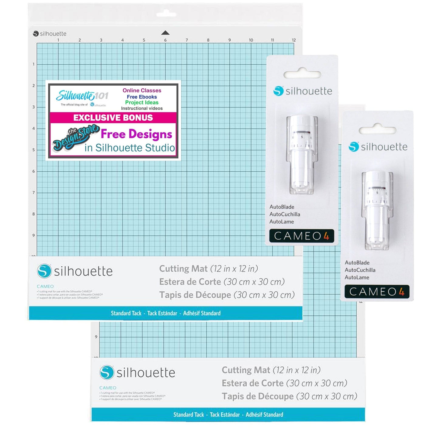 Silhouette America Blades & Cutting Mats Silhouette Cameo 4 Autoblade and Mat 2 Pack includes: (2) 12 inch Standard Mat, (2) AutoBlade 2 for Use with the CAMEO 4 and 50 Free Bonus Designs