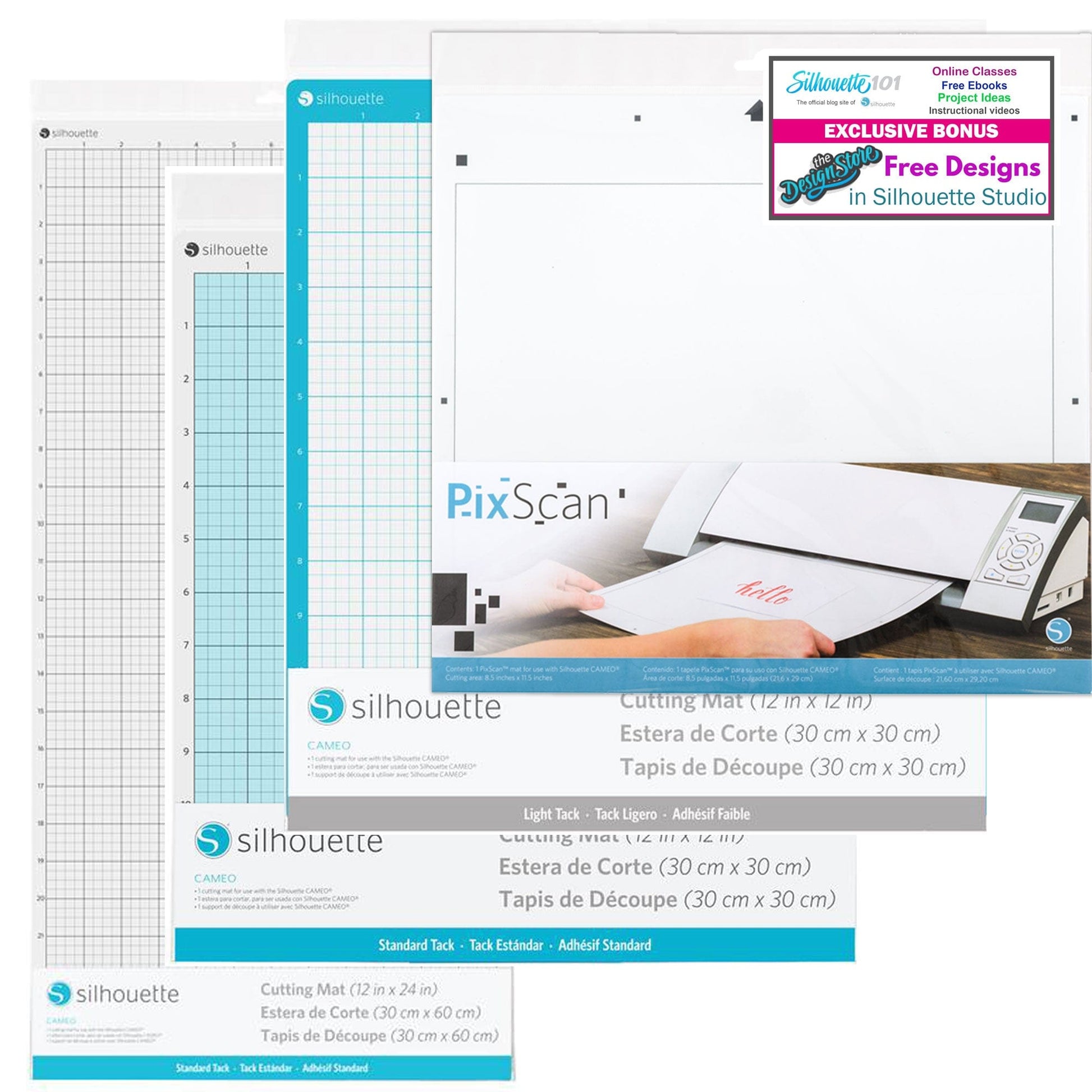 Silhouette America Blades & Cutting Mats Silhouette Matted Out Bundle- Pack of 4 Mats for use with Silhouette CAMEO Machines - 12in PixScan Mat, 12x24in Standard Mat, Standard 12in Mat, Light Tack 12in Mat, and 50 bonus Designs