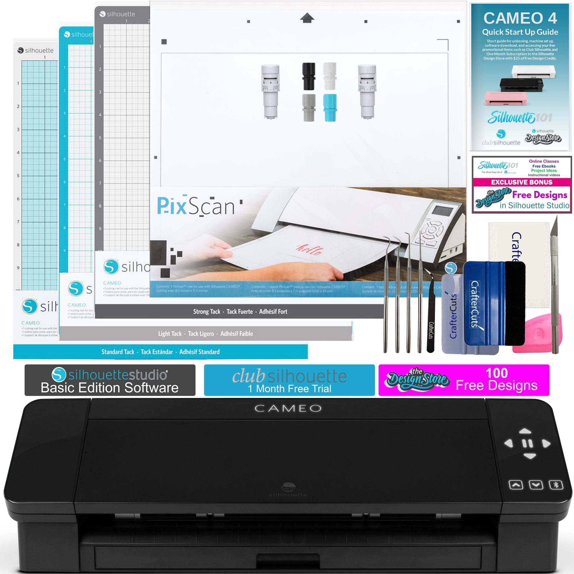 Silhouette America Cameo 4 Just Basics Bundle with 2 Blades, Vinyl Tool Kit, 5 Mats- 2 Standard, 1 Light Hold, 1 Strong Hold mats, 1 PixScan Mat- Start Up Guide- Black