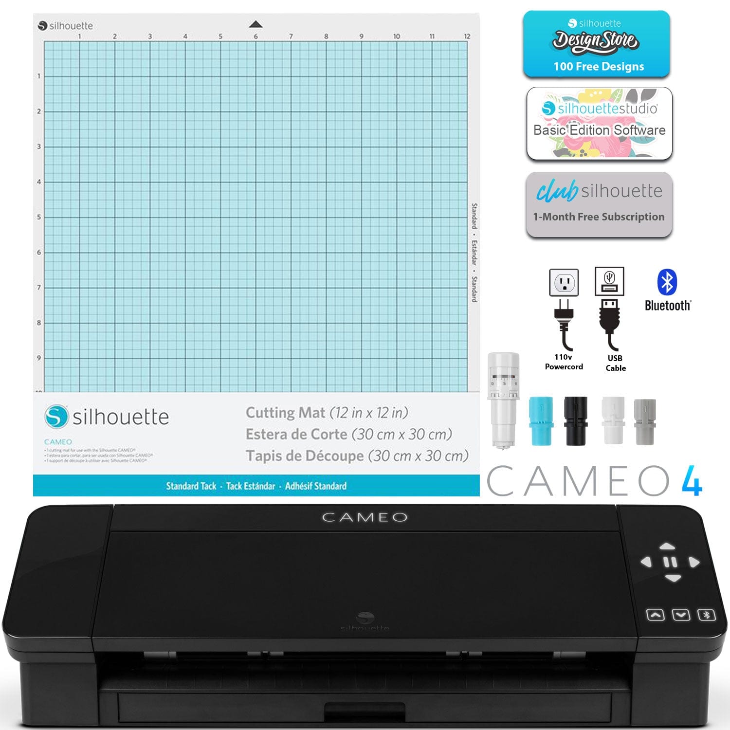 Silhouette America Cameo 4 Just Basics Bundle with 2 Blades, Vinyl Tool Kit, 5 Mats- 2 Standard, 1 Light Hold, 1 Strong Hold mats, 1 PixScan Mat- Start Up Guide- Black