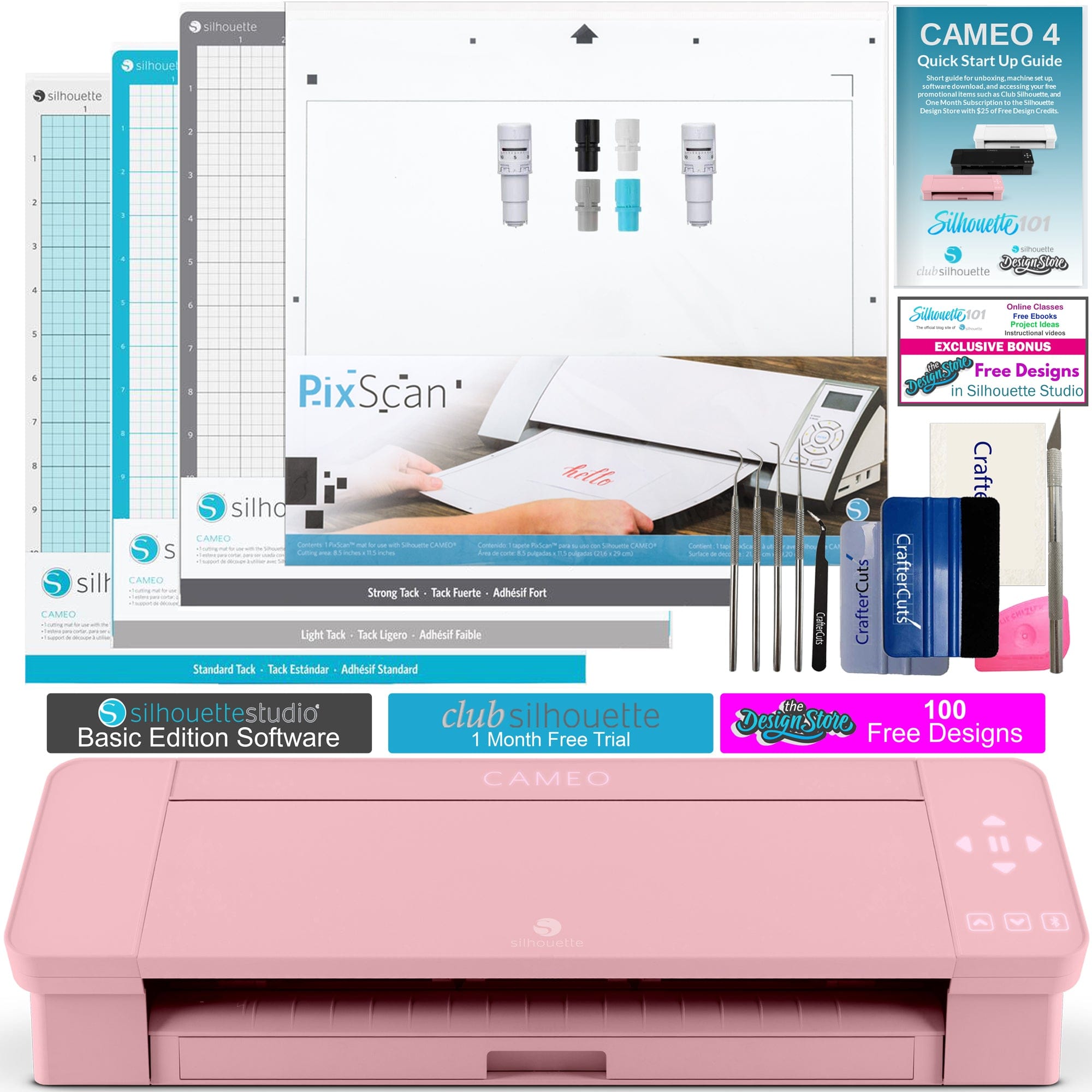 Silhouette America Cameo 4 Just the Basics Bundle with 2 AutoBlades, Vinyl Tool Kit, 2 Standard, 1 Light Hold, 1 Strong Hold Cutting mat and PixScan Mat- Start Up Guide-Pink Edition