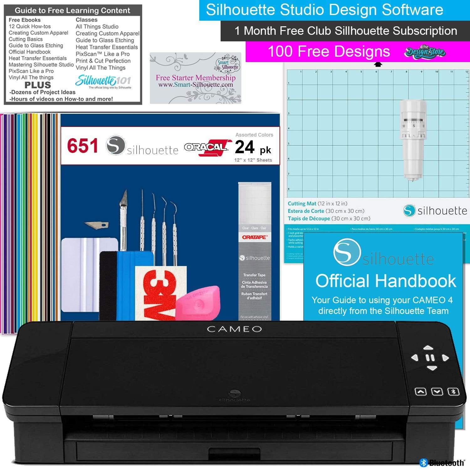 Silhouette America Craft Cutters Black Silhouette Cameo 4 Vinyl Cutting Machine Bundle with 24 Sheets of Oracal 651 Vinyl, Oratape, Deluxe Tool kit, and loads of Free Tutorial Guides