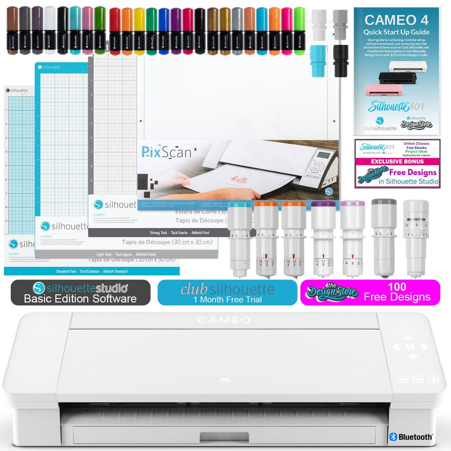 Silhouette America Craft Cutters & Embossers Silhouette Cameo 4 Bundle Mat N Bladed- AUTO, Rotary, Kraft , Deep Cut, and Premium Blades, plus PixScan , Light, and Standard Hold Mats