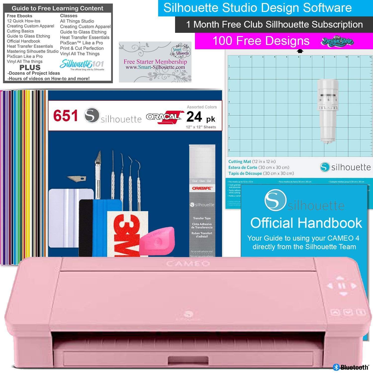 Silhouette America Craft Cutters Pink Silhouette Cameo 4 Vinyl Cutting Machine Bundle with 24 Sheets of Oracal 651 Vinyl, Oratape, Deluxe Tool kit, and loads of Free Tutorial Guides