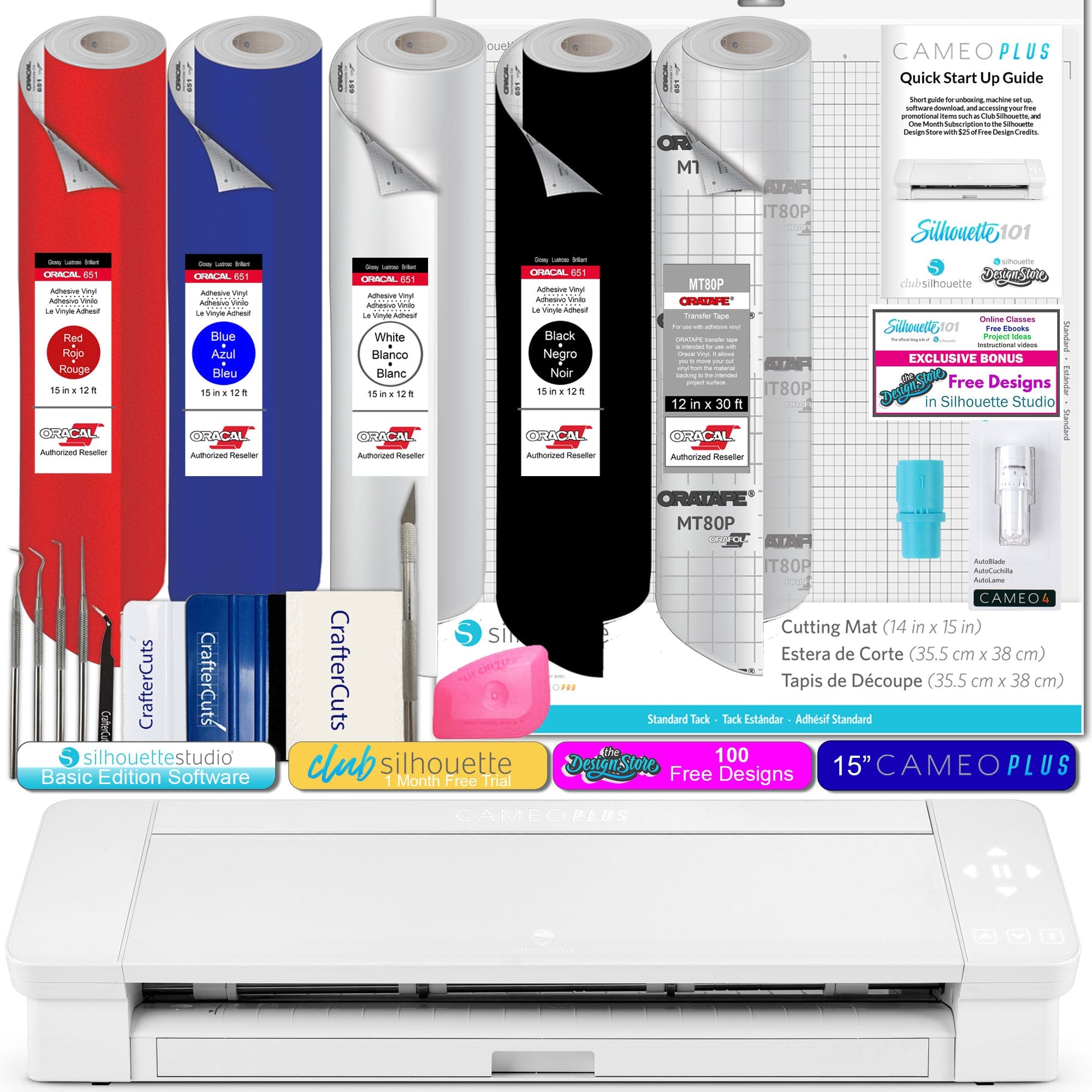Silhouette America Craft Cutters Silhouette Cameo 4 Plus Bundle with 4- Rolls of ORACAL 651 Vinyl, 1 Roll of ORATAPE Transfer Tape, Vinyl Tool Kit, 12+ Ebooks, Classes, and more