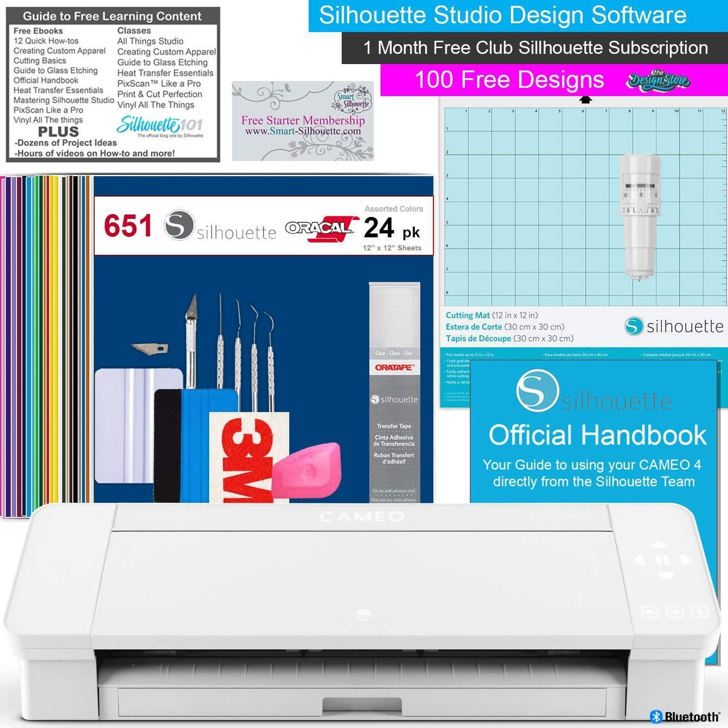 Silhouette America Craft Cutters White Silhouette Cameo 4 Vinyl Cutting Machine Bundle with 24 Sheets of Oracal 651 Vinyl, Oratape, Deluxe Tool kit, and loads of Free Tutorial Guides