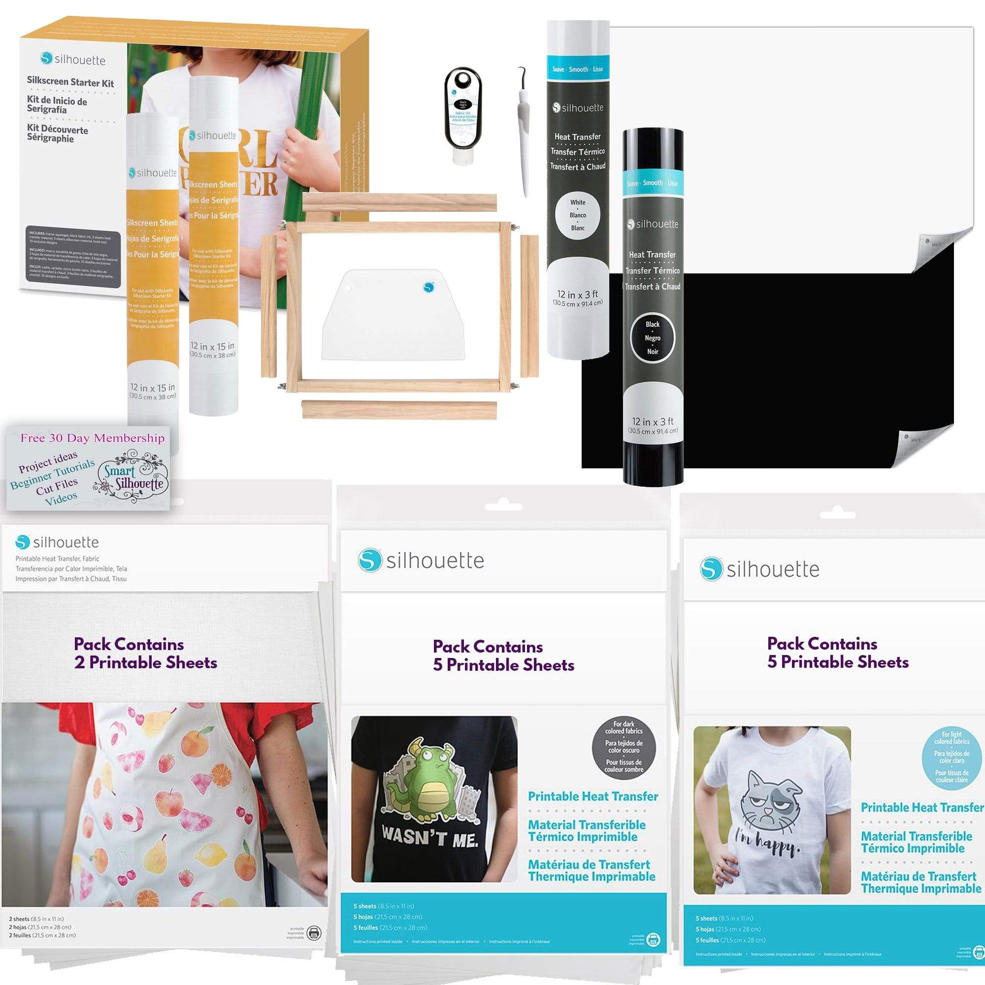 Silhouette America Heat Transfer Materials Silhouette Creative T-Shirts Bundle includes Silkscreen Starter Kit with Extra sheets, Printable Heat Transfer Material, 2 Rolls of Heat Transfer Material and a 30 Day Trial to Smart-Silhouette