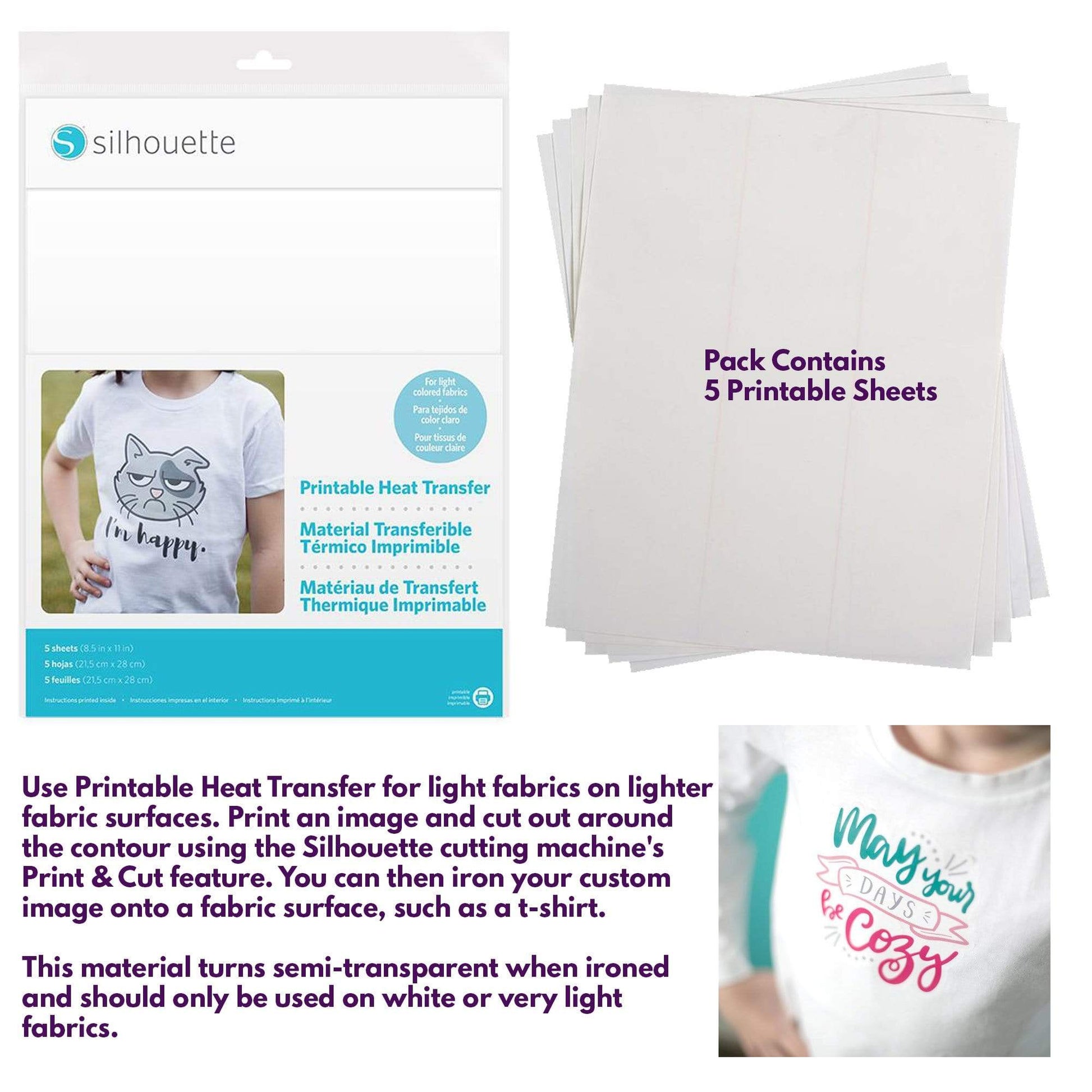 Silhouette America Heat Transfer Materials Silhouette Heat Transfer Favorites Bundle- Includes 12 Sheets of Printable Vinyl (for both light and dark material) ,2 Rolls of Glitter Heat Transfer Material, and Intro to Silhouette 101 with Free Designs