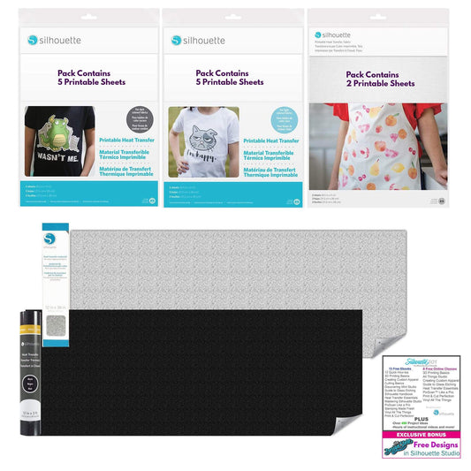 Silhouette America Heat Transfer Materials Silhouette Heat Transfer Favorites Bundle- Includes 12 Sheets of Printable Vinyl (for both light and dark material) ,2 Rolls of Glitter Heat Transfer Material, and Intro to Silhouette 101 with Free Designs