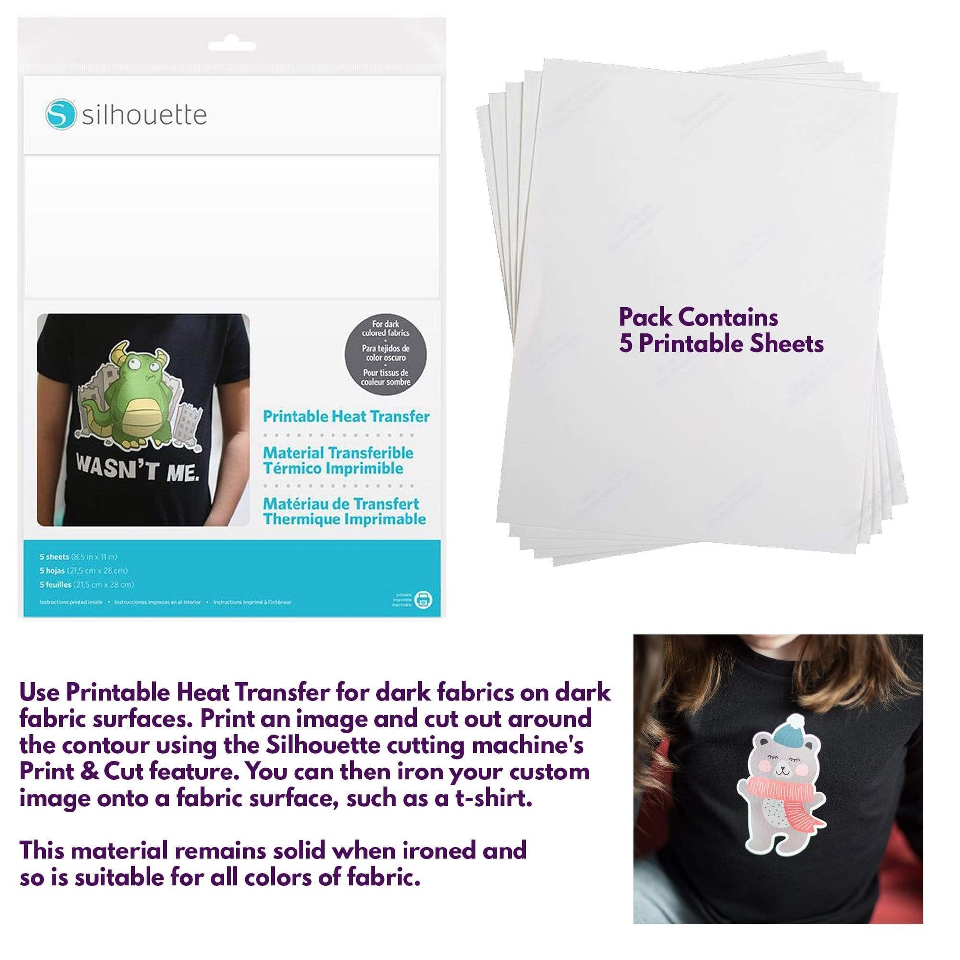 Silhouette America Heat Transfer Materials Silhouette Heat Transfer Printable Bundle- Includes 12 Sheets of Printable Vinyl (5 for Light Material, 5 for Dark material, 2 Fabric sheets) , and Intro to Silhouette 101 with Free Designs