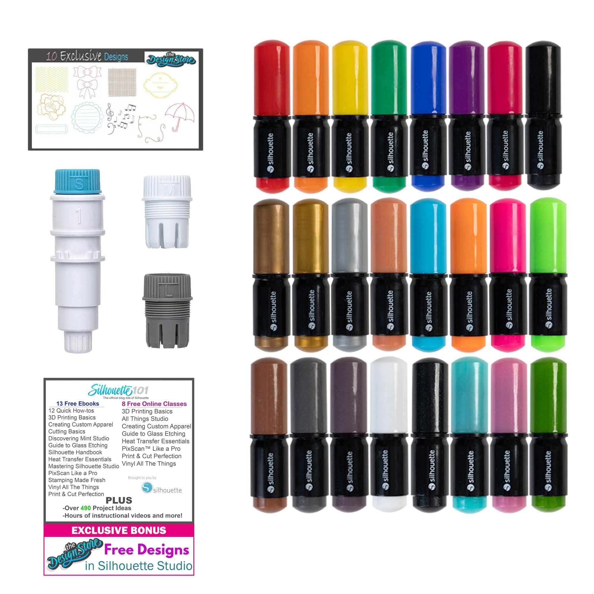 Silhouette America Pens Silhouette Deluxe Pen Starter Kit For Cameo 4 include 24 Pens, a Pen holder for use with your own pens and a Guide to Silhouette 101 with Free Designs