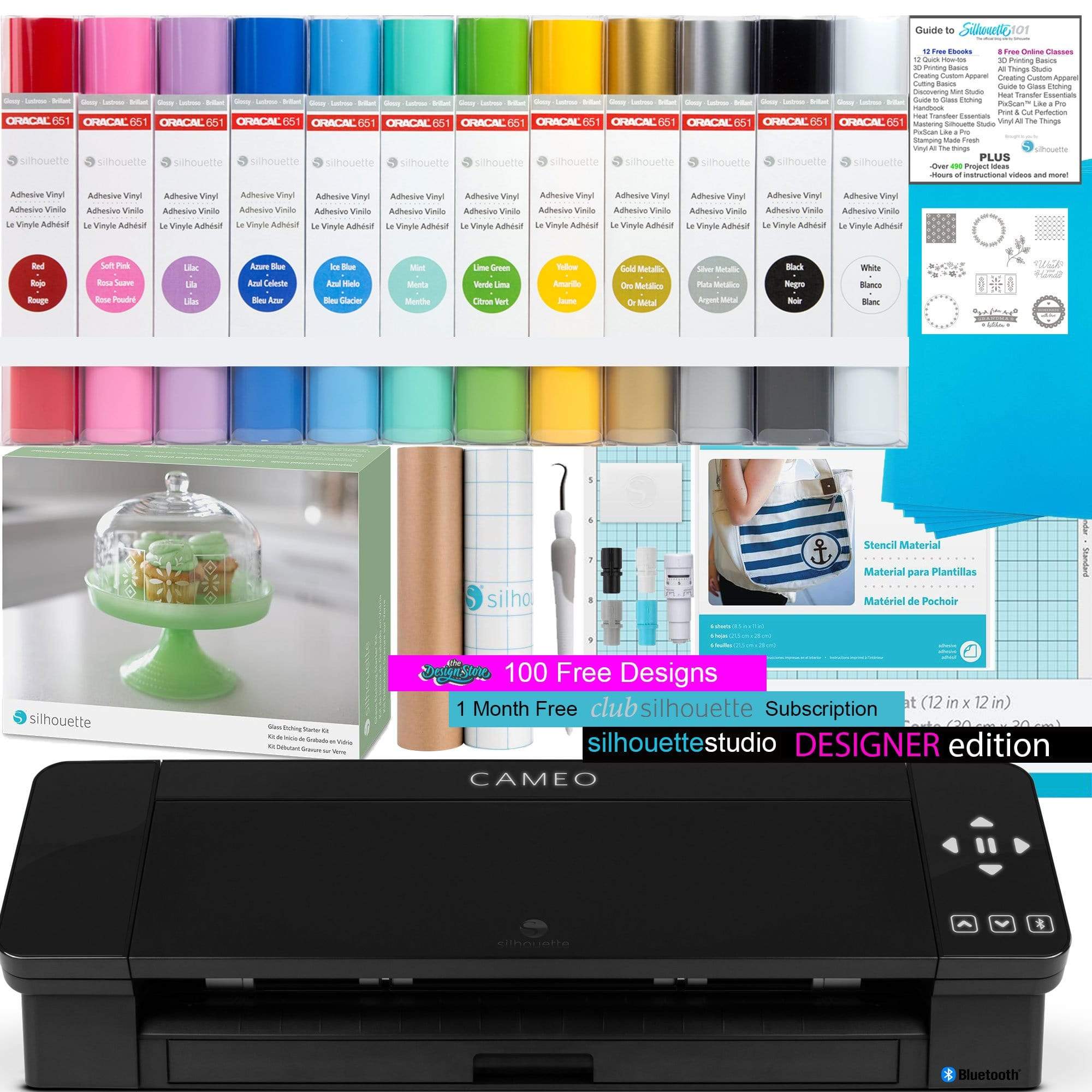 Silhouette America Silhouette Cameo 4 Bundle for working with Glass- Includes Etching cream, 12 pack of Oracal Vinyl, Stencil Material, Upgraded Software-Black Edition