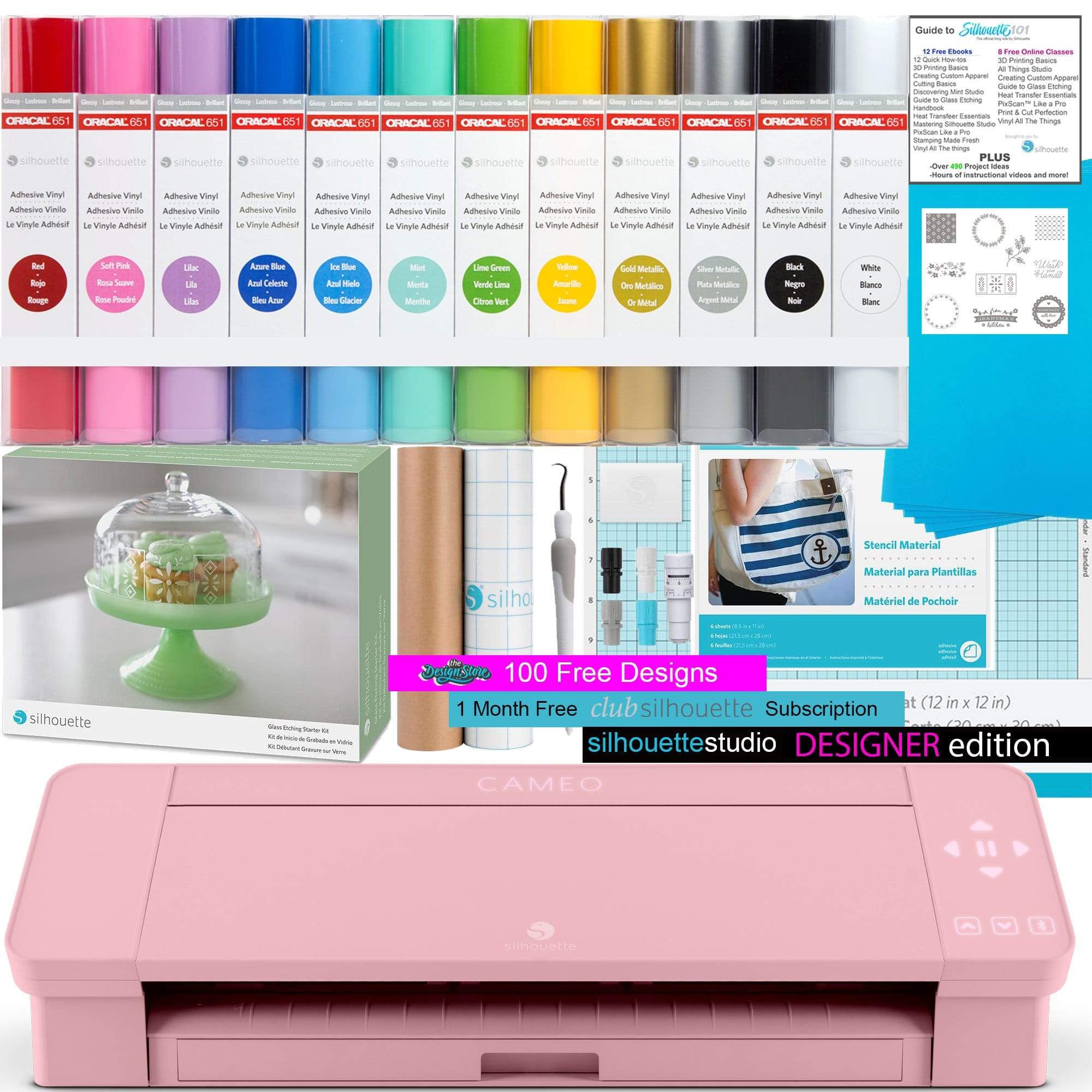 Silhouette America Silhouette Cameo 4 Bundle for working with Glass- Includes Etching cream, 12 pack of Oracal Vinyl, Stencil Material, Upgraded Software-Pink Edition