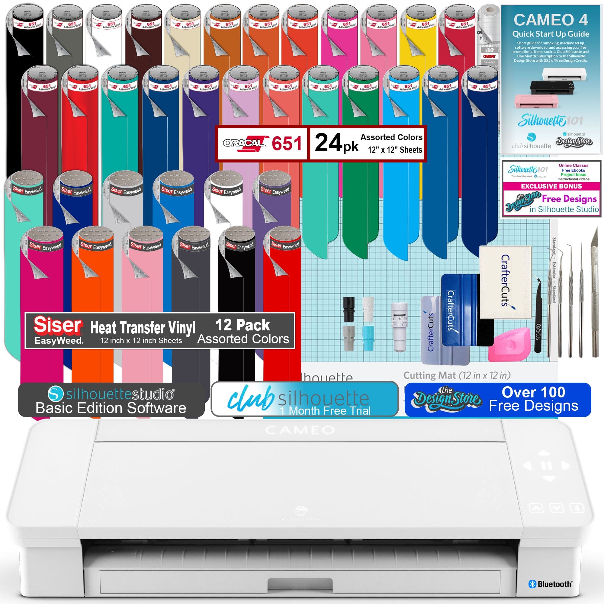 Silhouette America Silhouette Cameo 4 Bundle with 24 Sheets of Oracal 651, 12 Sheets of Siser Easyweed, Oratape, CC Vinyl Tool Kit, Ebooks, Classes, and Bonus Designs