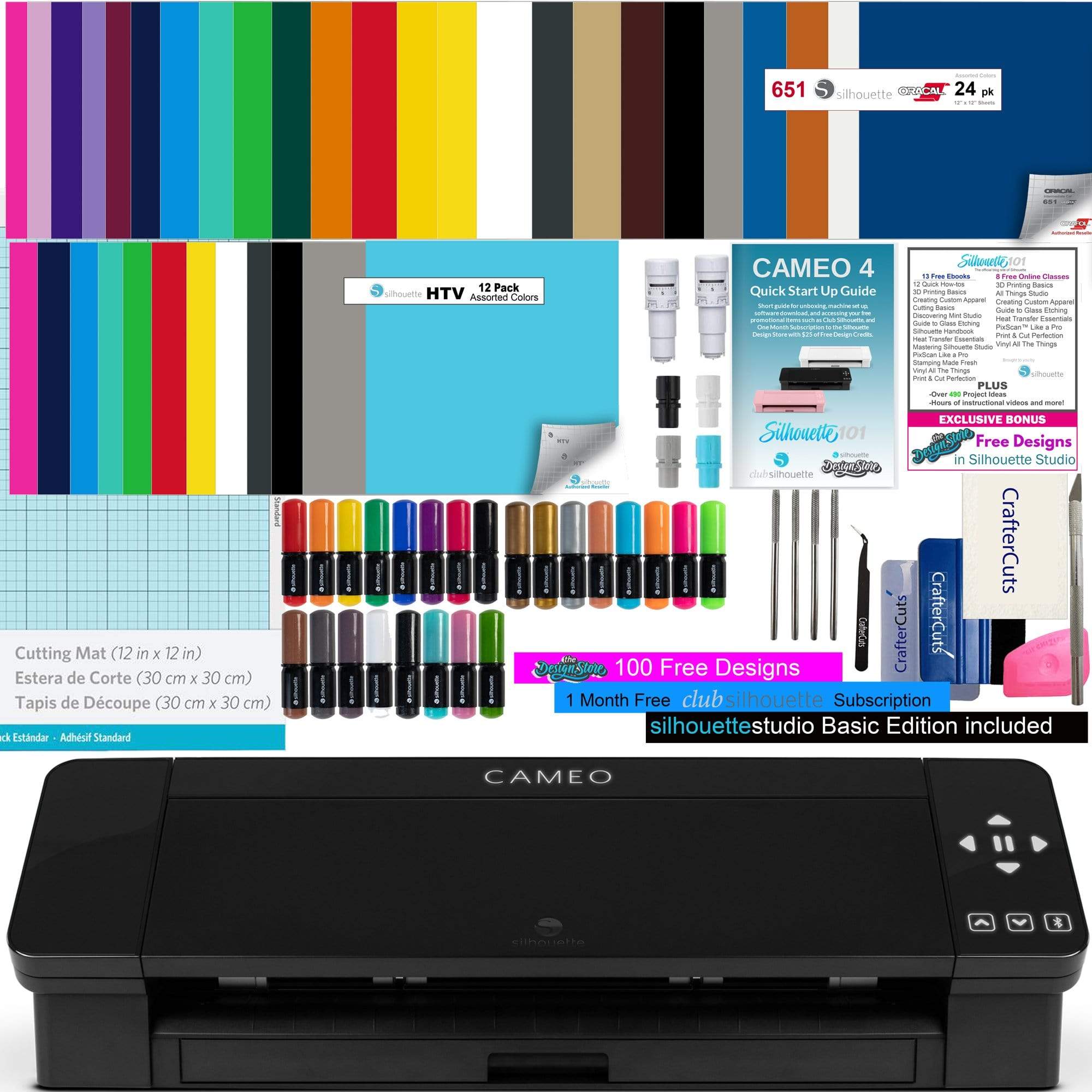 Silhouette America Silhouette Cameo 4 Deluxe Vinyl Bundle with 24 Sheets of Vinyl, 12 sheets of HTV, 24 Pack pens, Vinyl Tool Kit, 2 Autoblades, and 150 Designs- Black