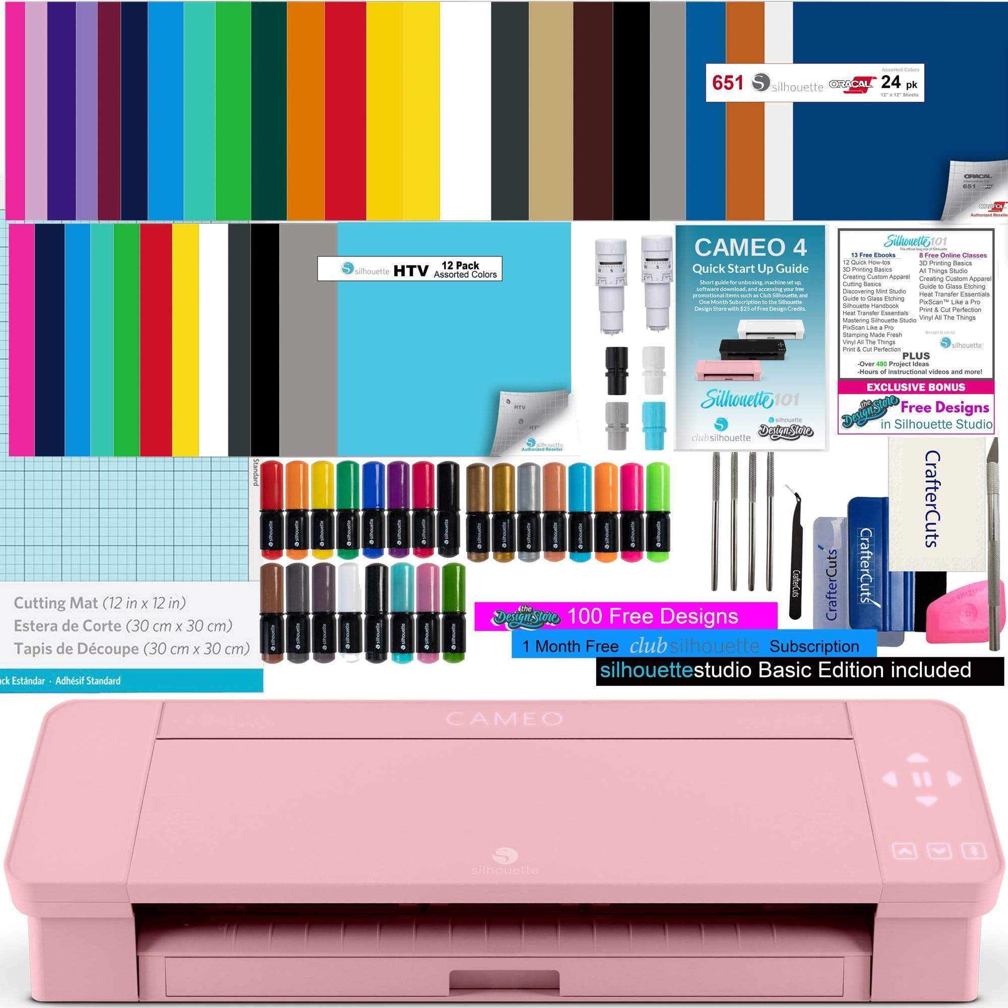 Silhouette America Silhouette Cameo 4 Deluxe Vinyl Bundle with 24 Sheets of Vinyl, 12 sheets of HTV, 24 Pack pens, Vinyl Tool Kit, 2 Autoblades, and 150 Designs- Pink