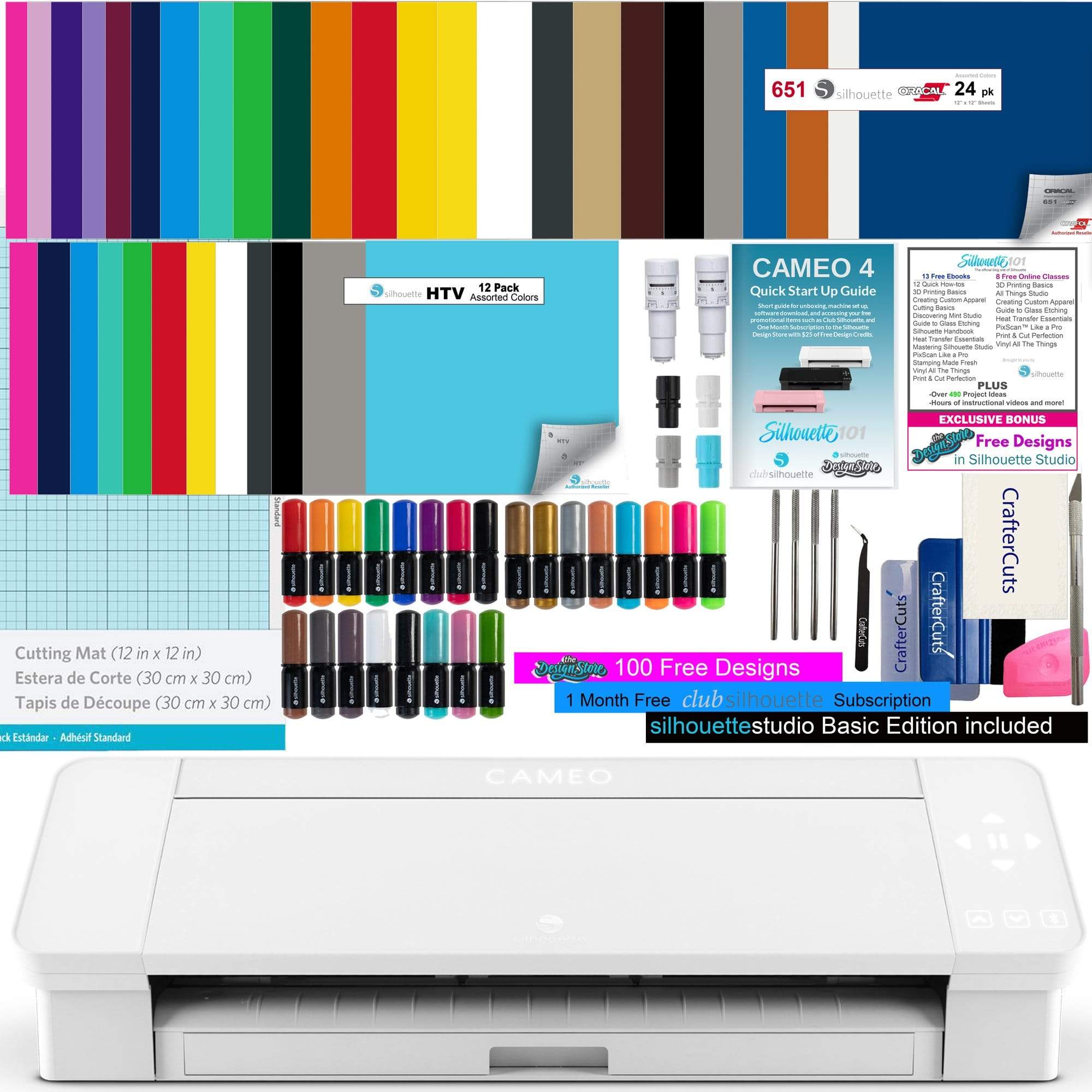 Silhouette America Silhouette Cameo 4 Deluxe Vinyl Bundle with 24 Sheets of Vinyl, 12 sheets of HTV, 24 Pack pens, Vinyl Tool Kit, 2 Autoblades, and 150 Designs- White