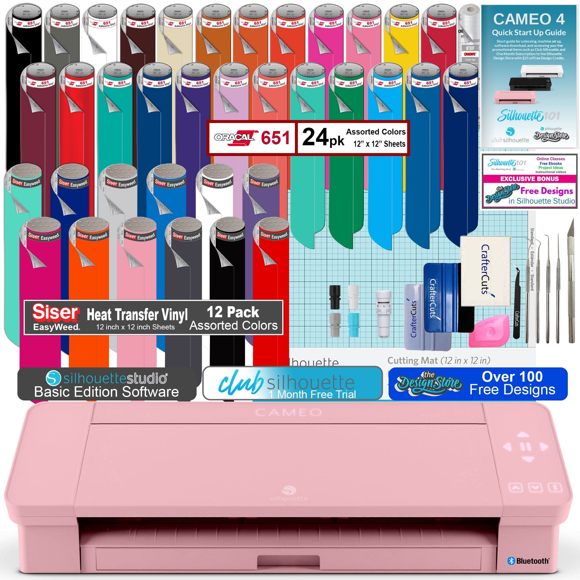 Silhouette America Silhouette Cameo 4 Pink Bundle with 24 Sheets of Oracal 651, 12 Sheets of Siser Easyweed, Oratape, Vinyl Tool Kit, Ebooks, Classes, and Bonus Designs
