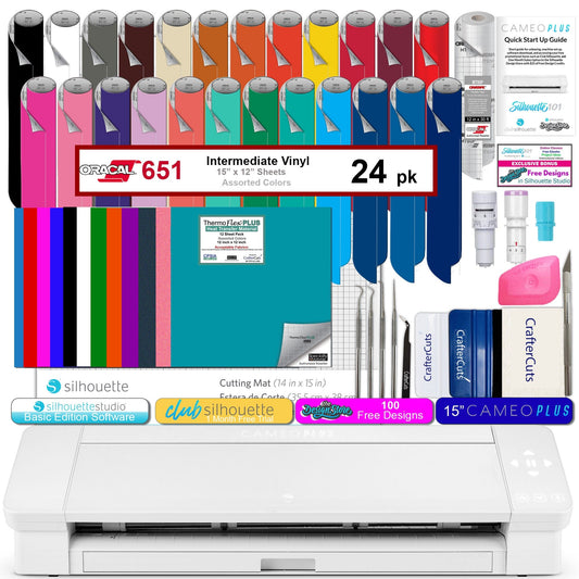 Silhouette America Silhouette Cameo 4 Plus Bundle with 24 Vinyl Sheets, 12 HTV Sheets, 1mm Blade, Transfer Tape, Deluxe Vinyl Tool Kit, Start Up guide, and Bonus Designs