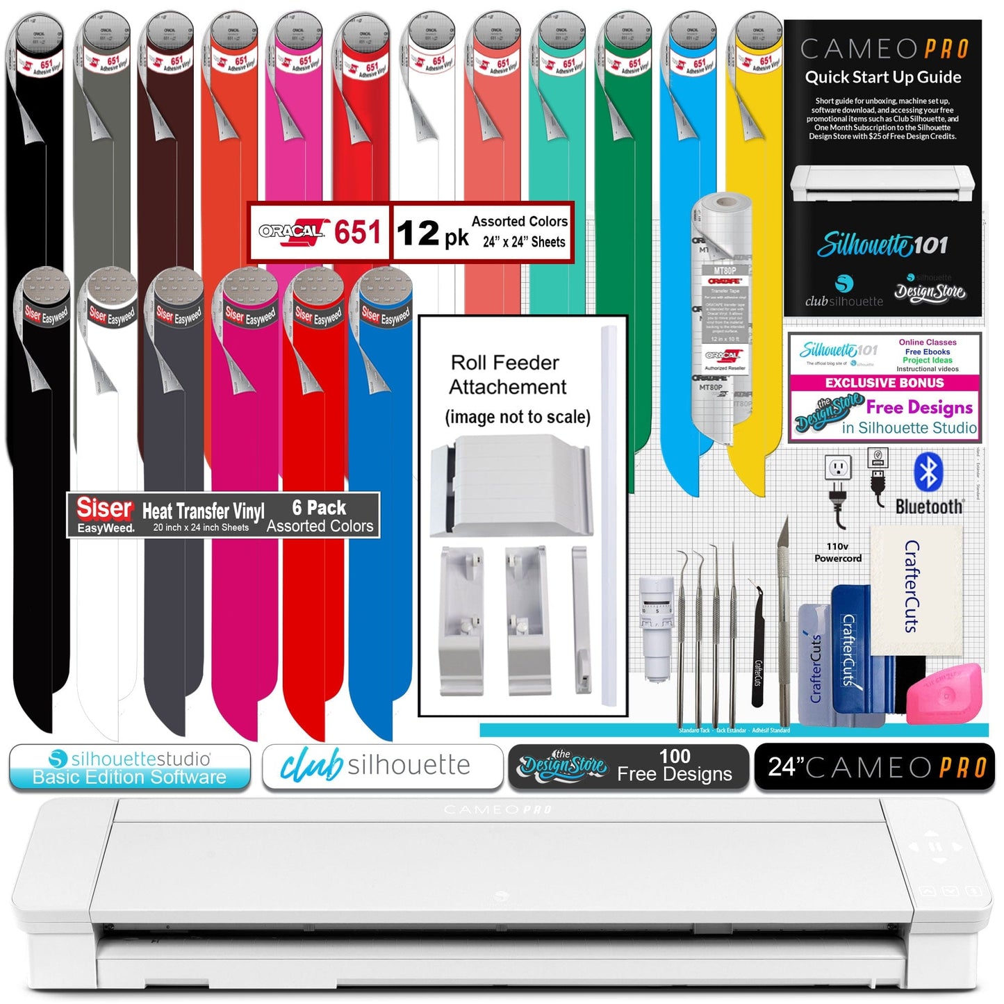 Silhouette America Silhouette Cameo 4 Pro Bundle with 4-3ft Rolls of Siser Heat Transfer, 5 Tephlon Sheets, Lexi Vinyl Tool Kit, 100, and Access to 12+ Ebooks, Classed, Project Ideas and More.