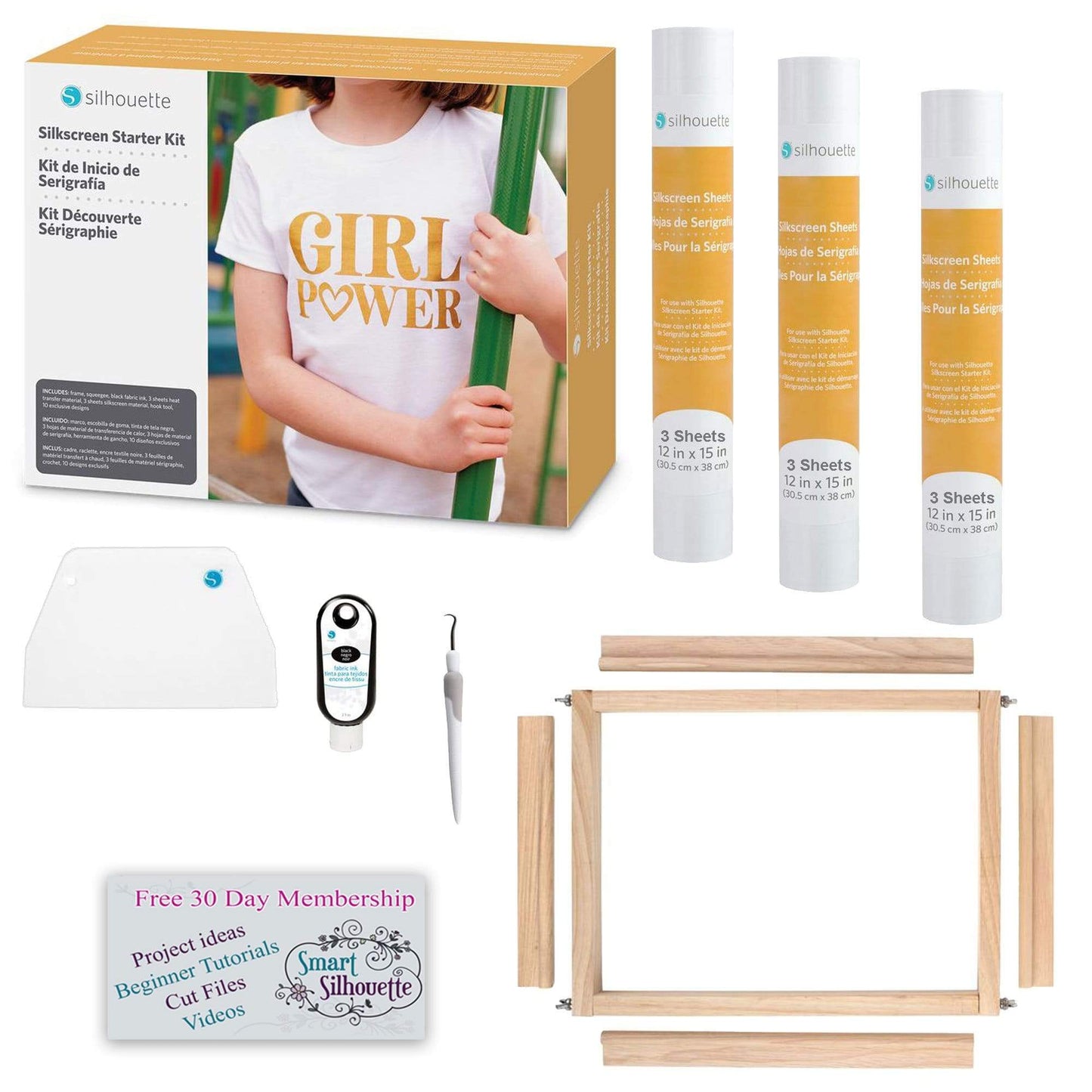 Silhouette America Silhouette SilkScreen Ultimate Bundle includes Silkscreen Starter Kit with 6 Bonus Sheets of Heat Transfer Material, 6 Bonus sheets of Silkscreen Material and a 30 day trial to Smart-Silhouette