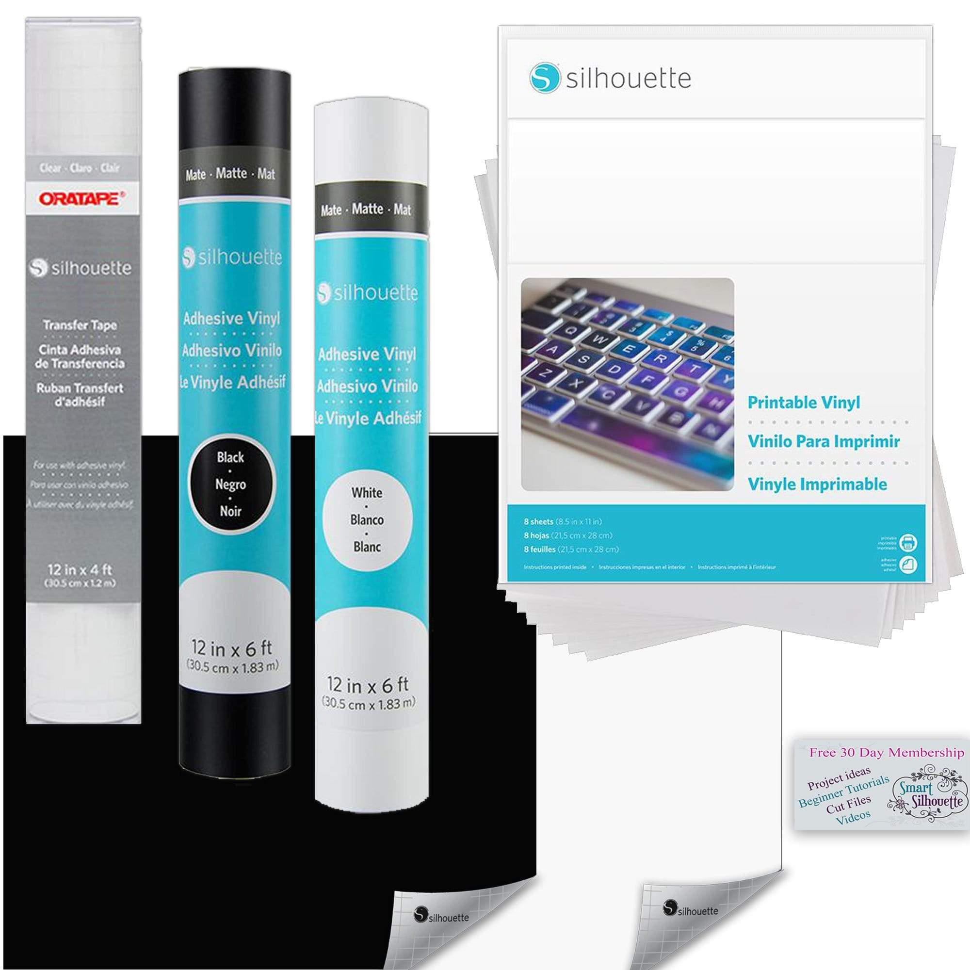 Silhouette America Vinyls Silhouette Classic Vinyl Bundle includes 2 Rolls of Vinyl, 8 sheets of Printable Vinyl, 1 Roll of Transfer Tape, and a 30 Day Trial to Smart-Silhouette