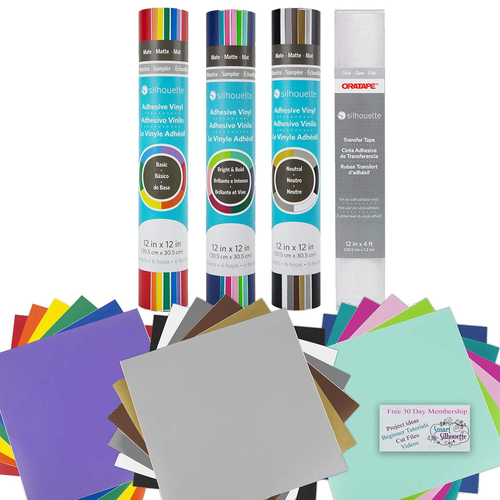 Silhouette America Vinyls Silhouette Vinyl Variety Sampler Bundle includes 18 sampler sheets of Silhouette Vinyl 12 x 12 sheets, 1 Roll of ORATAPE and a 30 day trial to Smart-Silhouette